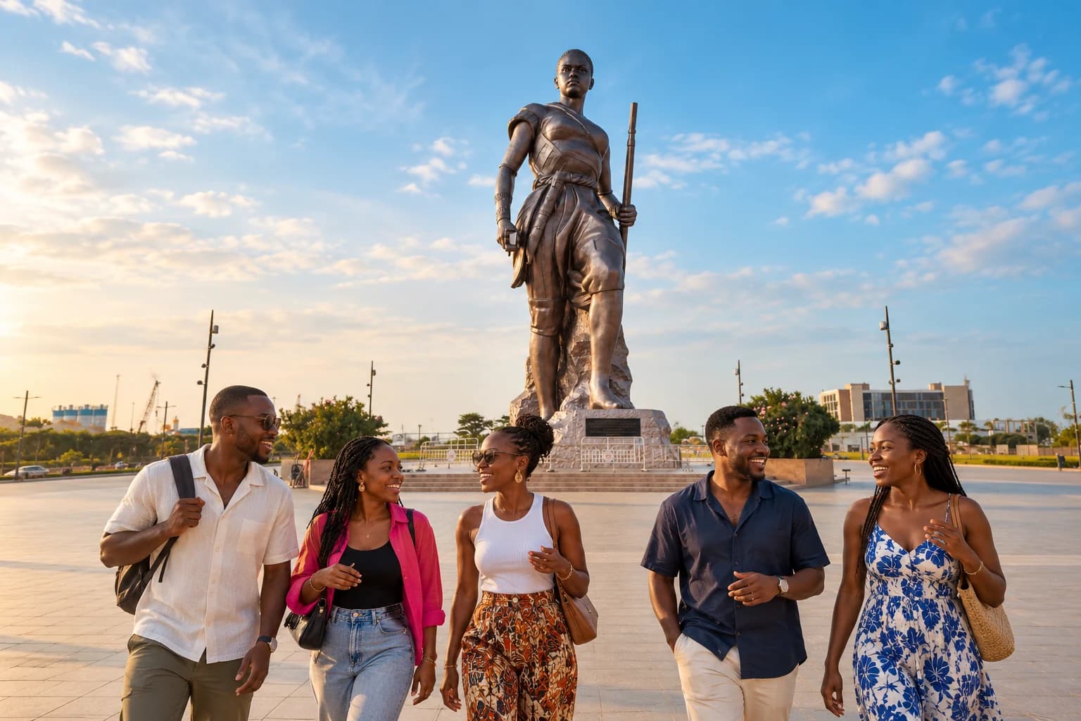 Des amis en balade devant le monument de l’Amazone