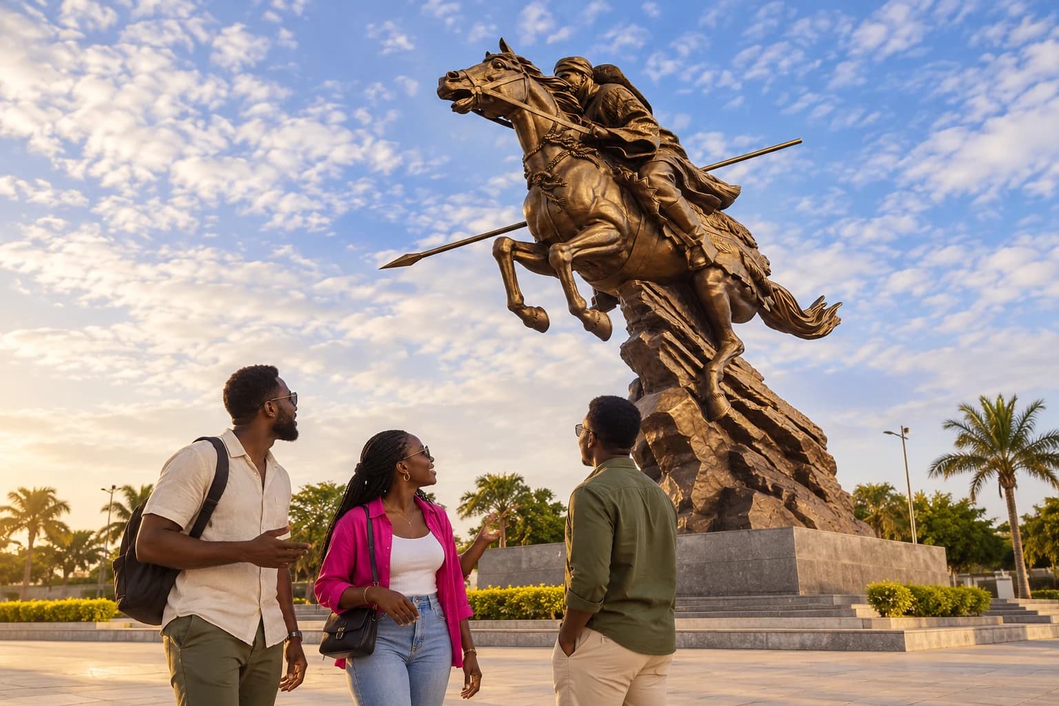 Des amis découvrent la statue équestre de Bio Guéra