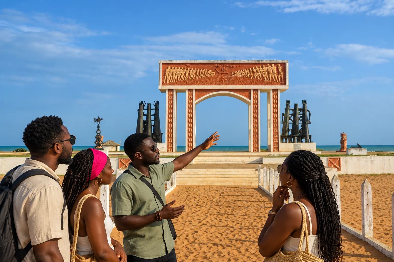 Un groupe en visite culturelle devant la Porte du Non-Retour
